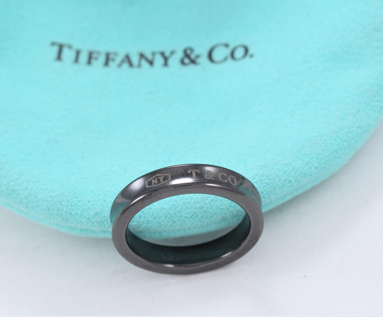 Tiffany & Co Silver Titanium 1837 Narrow Band Ring Size 7 in Pouch Rare Mens