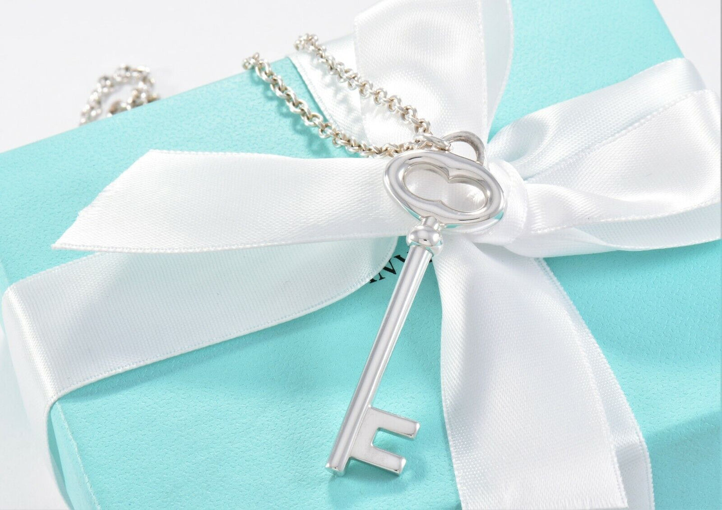 Tiffany & Co Silver Large 2" Oval Key Charm Pendant 16.25" Chain Necklace in Box