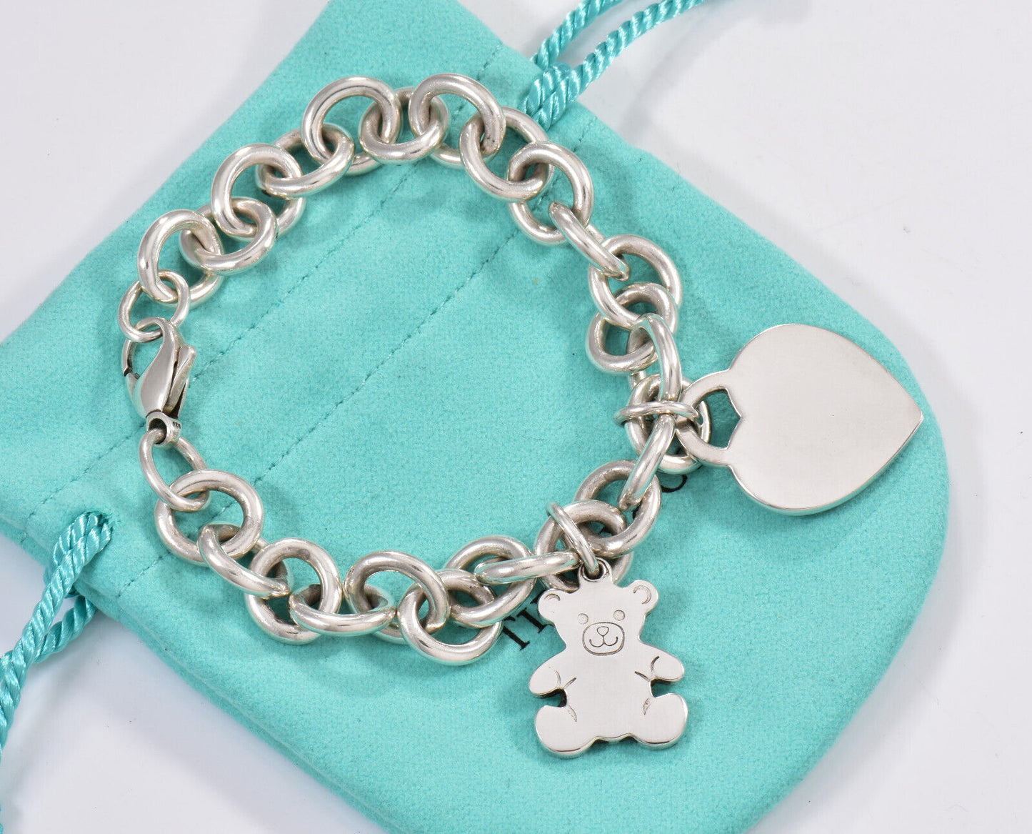 Tiffany & Co Silver Teddy Bear Heart Tag Two Charm 7.75" Chain Link Bracelet