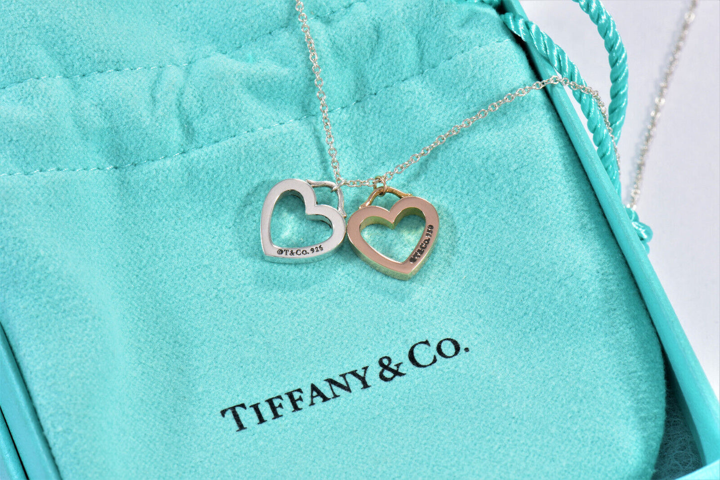 Tiffany & Co 18K Gold Silver Sentimental Heart Two Pendant 16.25" Necklace Boxed