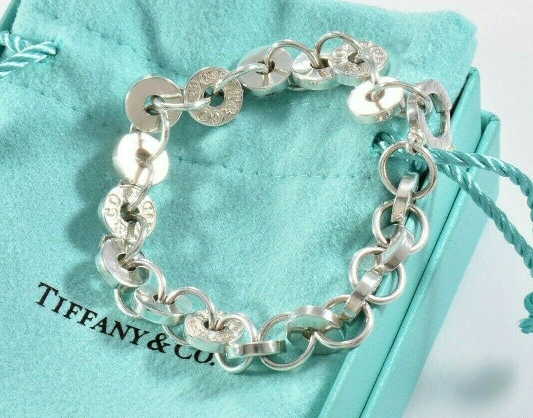 Tiffany & Co Italy Sterling Silver 1837 Disk Link Chain 7.7" Bracelet in Pouch