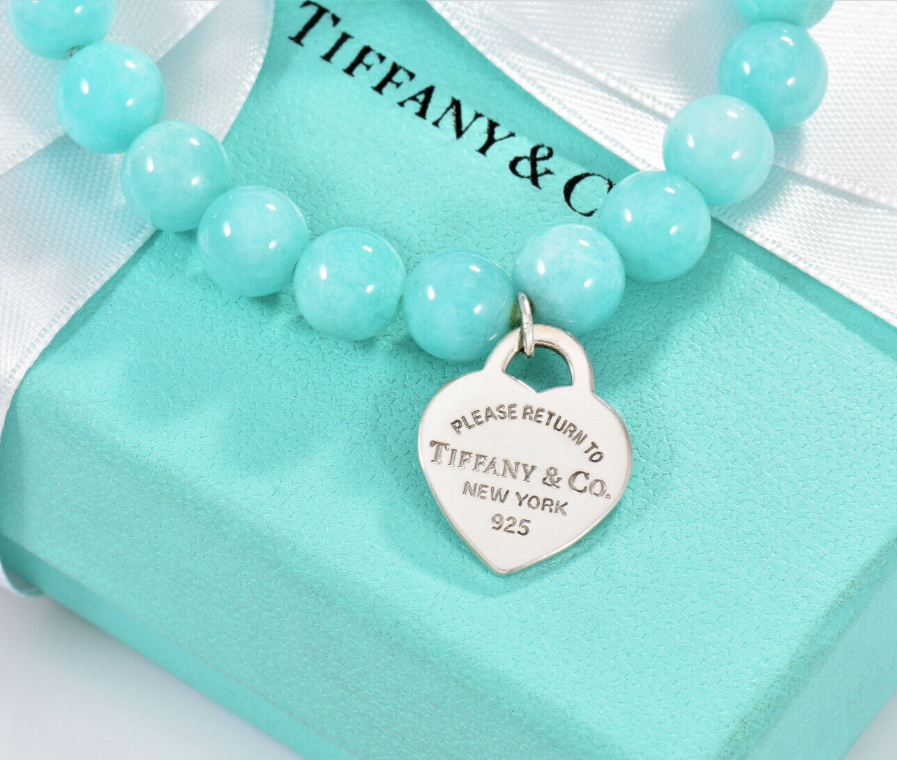 Please Return Tiffany & Co Blue Amazonite Silver Heart 8mm Bead 7.25" Bracelet