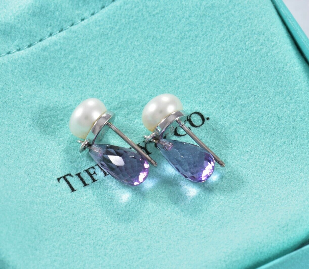 Tiffany & Co Amethyst 18K White Gold Pearl Drop Earrings Box Pouch Rare Dangling