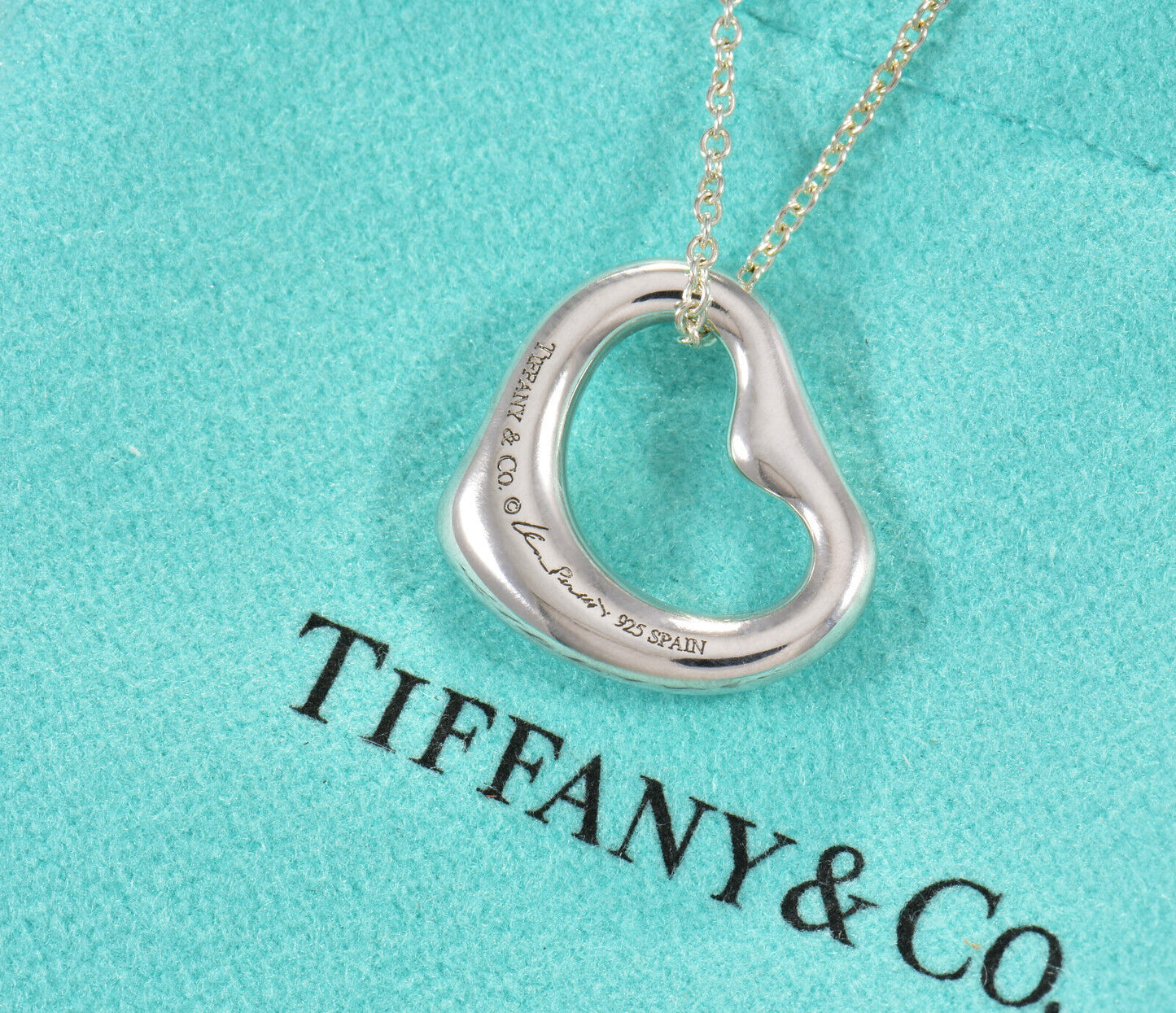 Tiffany & Co  Aquamarine Silver Elsa Peretti Open Heart 16" Necklace in Box Rare