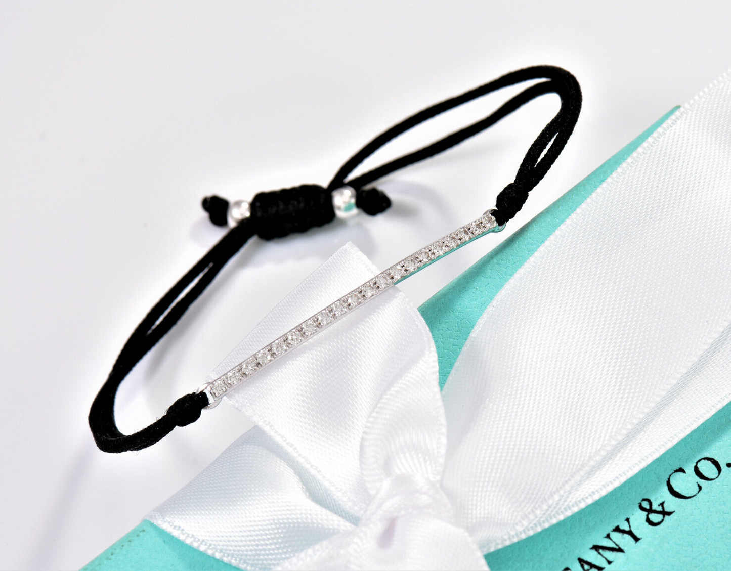 Tiffany & Co Diamond 18k White Gold Metro Bar Silk Cord 6” - 7.7” Bracelet Rare