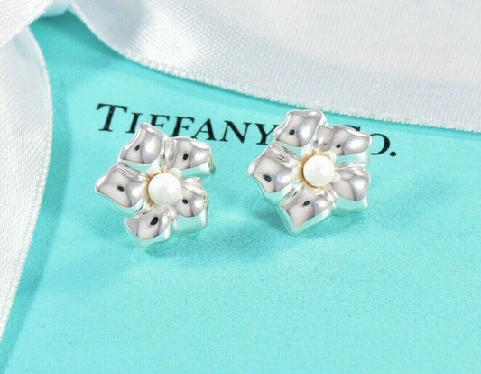 Vintage Tiffany & Co Silver Pearl Flower Petal Earrings in Box Pouch Rare Lovely