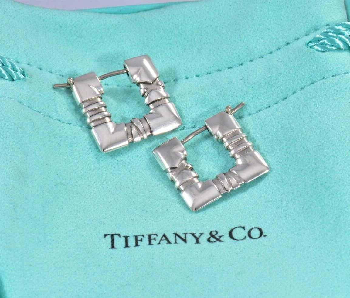 Tiffany & Co Sterling Silver Atlas Square Hoop Earrings in Pouch Roman Numeral