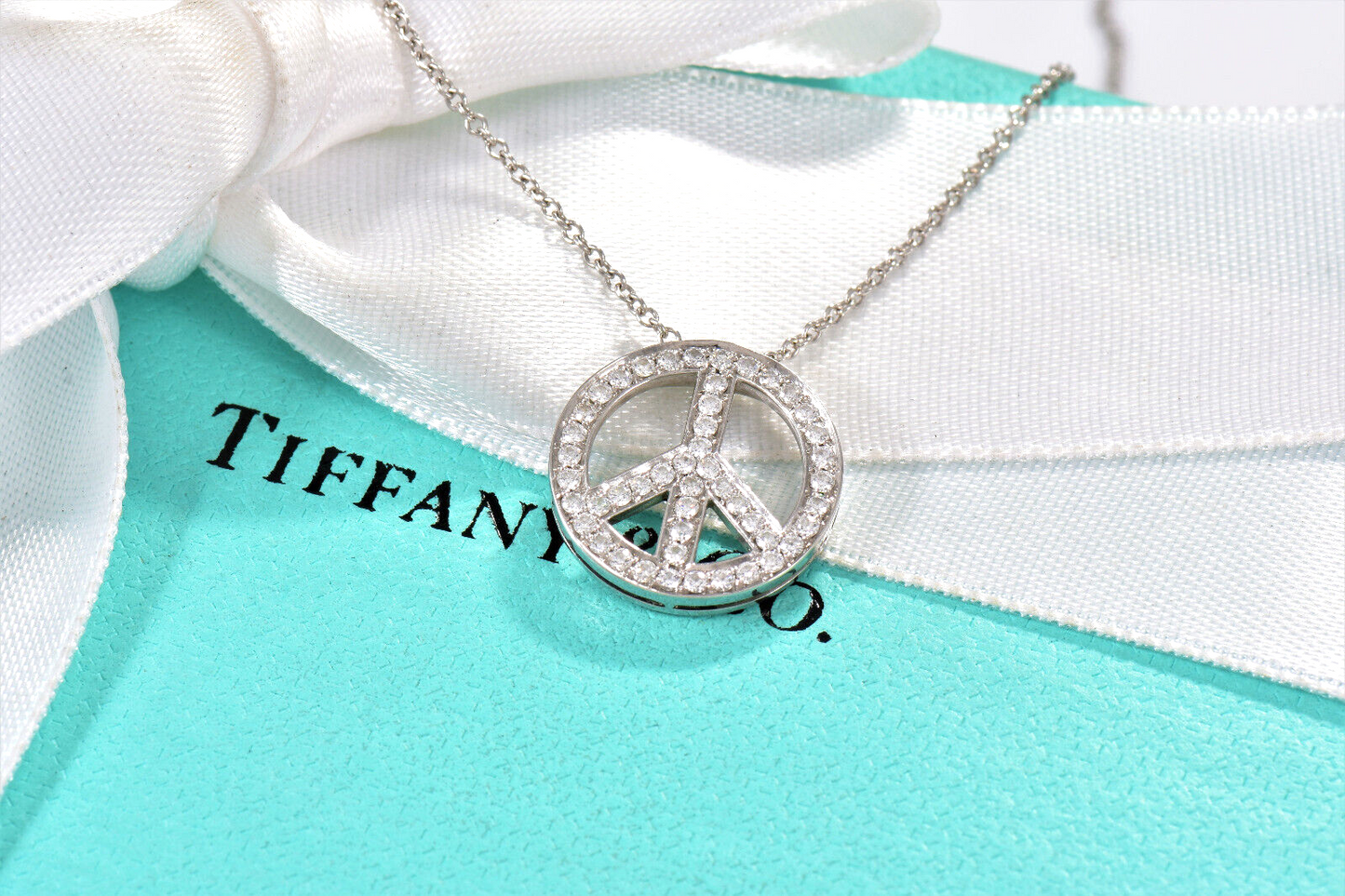 Tiffany & Co Platinum Diamond Large 15mm Peace Sign Pendant 22.5" Necklace Boxed