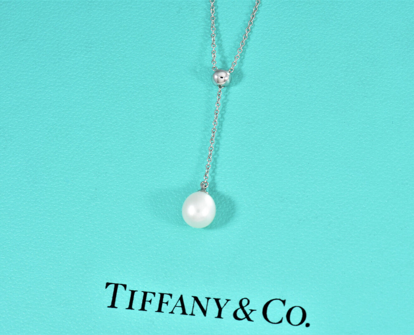 Tiffany & Co 18K White Gold Bead Pearl Drop Pendant Dangle Necklace in Box Pouch