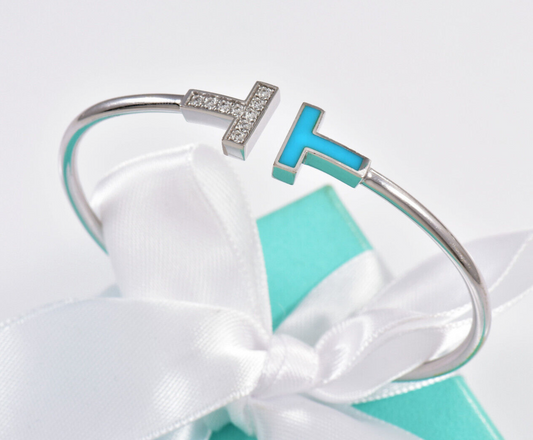 Tiffany & Co Diamond 18K White Gold Blue Turquoise T Wire Medium Bracelet in Box