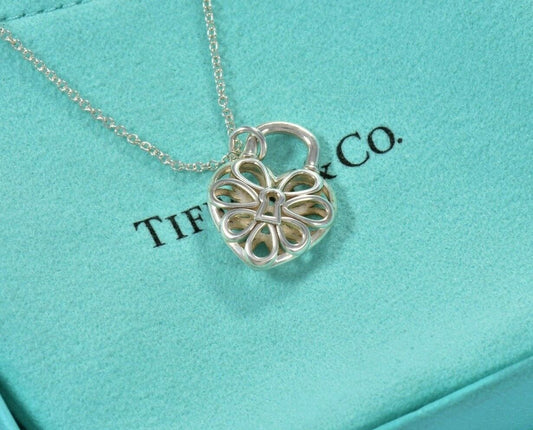 Tiffany & Co Sterling Silver Filigree Heart Lock Pendant Necklace in Pouch