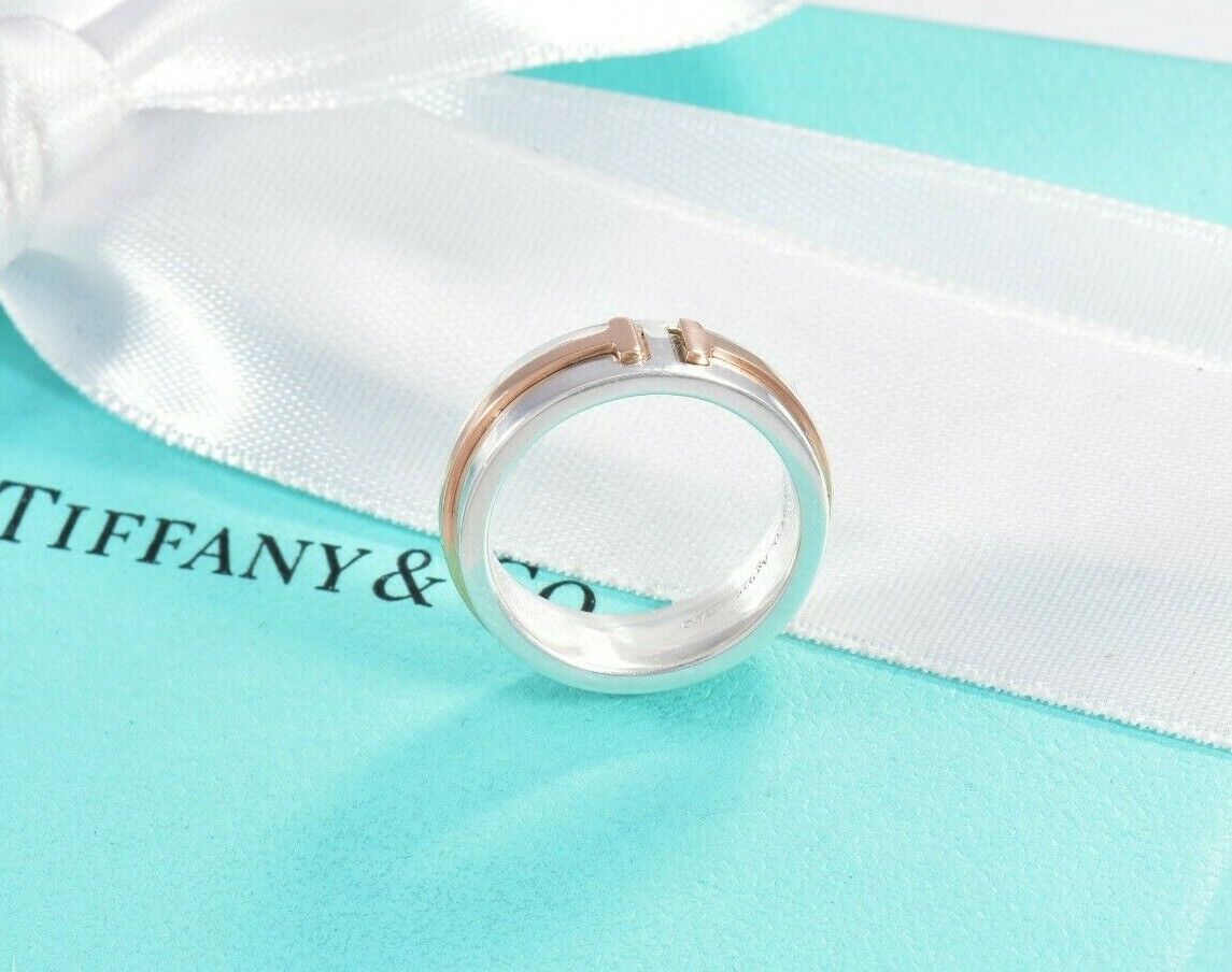 Tiffany & Co Silver 18k Rose Gold T Square 6mm Wide Band Ring Size 4 and Pouch