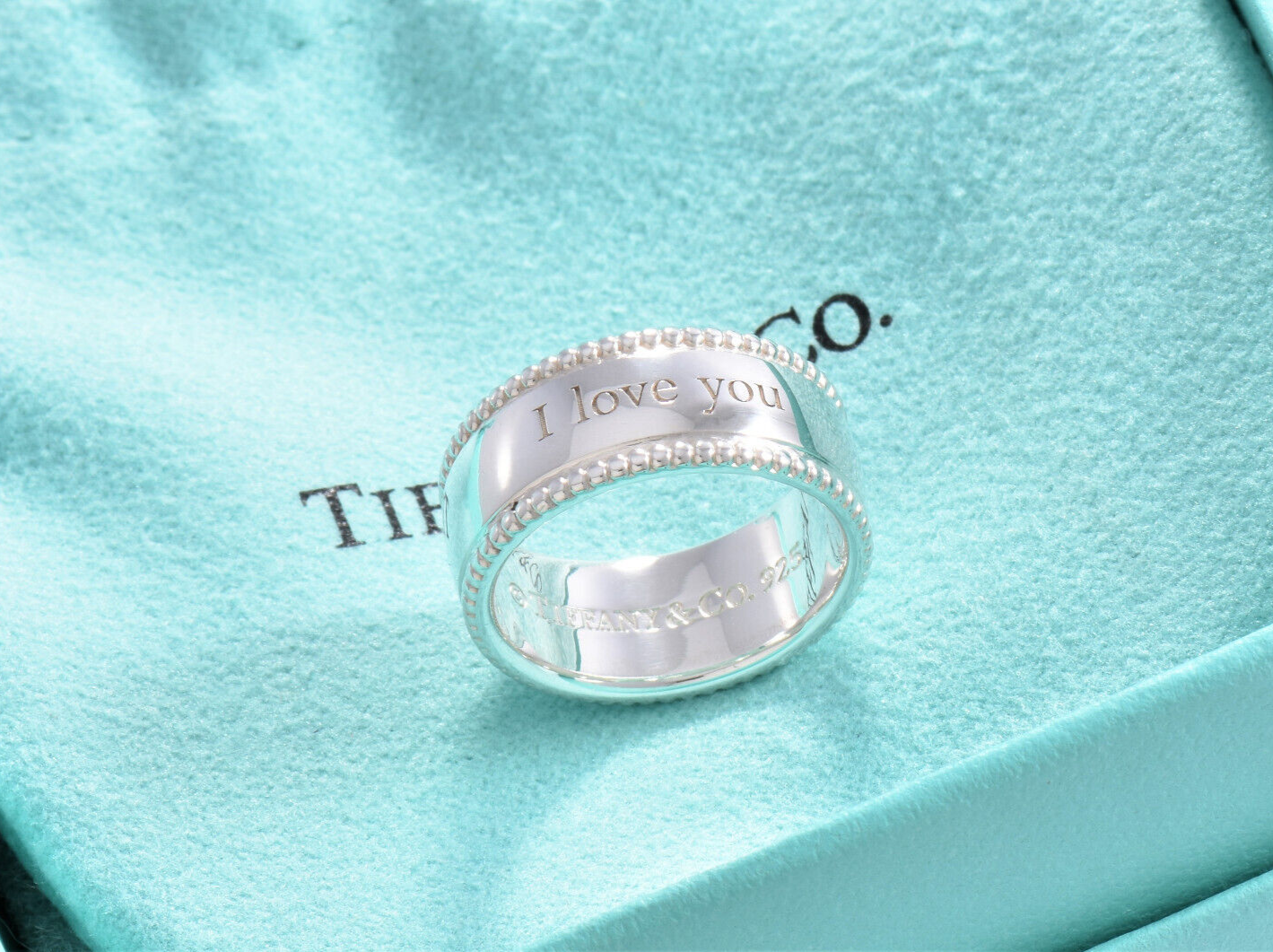 Tiffany & Co Sterling Silver I Love You Bead Edge Ring Size 7 in Pouch Yours