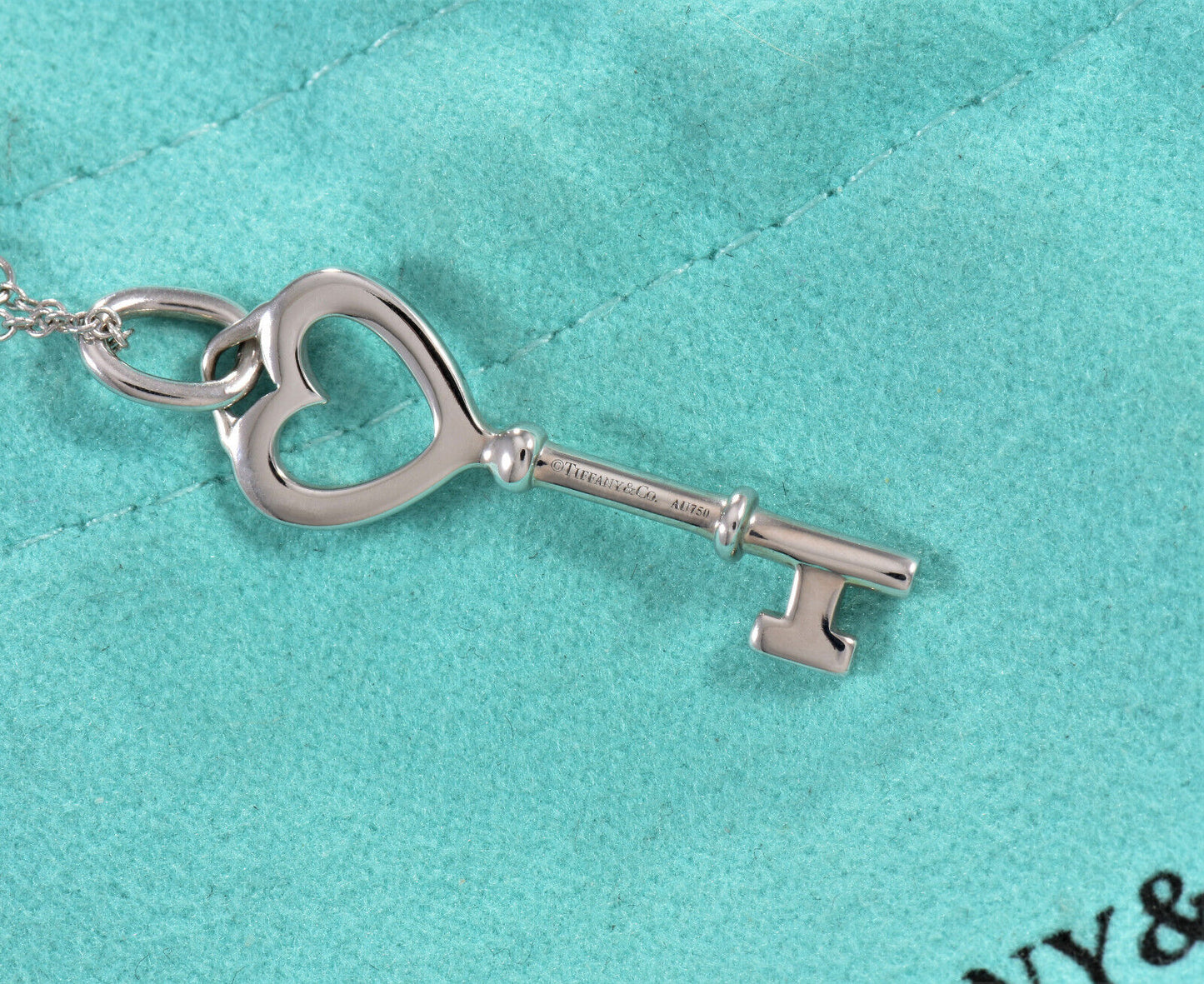 Tiffany & Co Diamond 18K White Gold Heart Key Pendant 18" Chain Necklace in Box