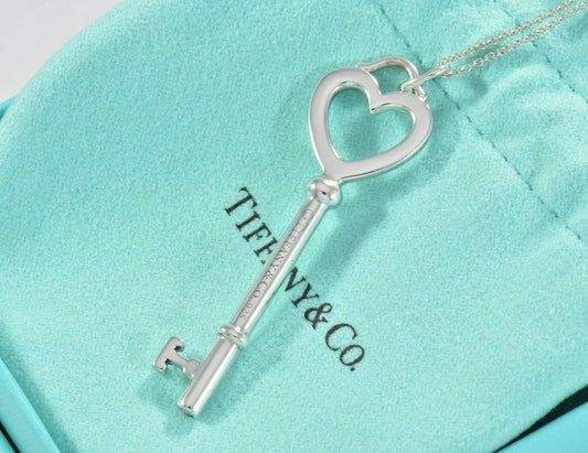 Tiffany & Co Silver Large 2" Heart Key Charm Pendant XL 21" Chain Necklace Pouch