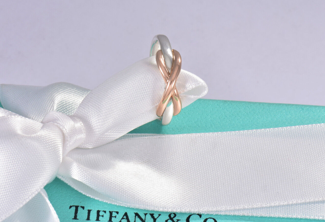 Tiffany & Co 18k Rose Gold Silver Infinity Knot Ring Size 6 in Box Narrow Band