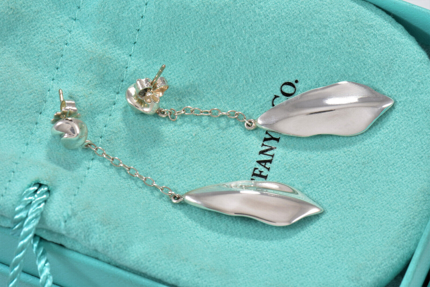 Vintage Tiffany & Co Silver Nature Leaf Dangle Drop Earrings Pouch Rare Dangling