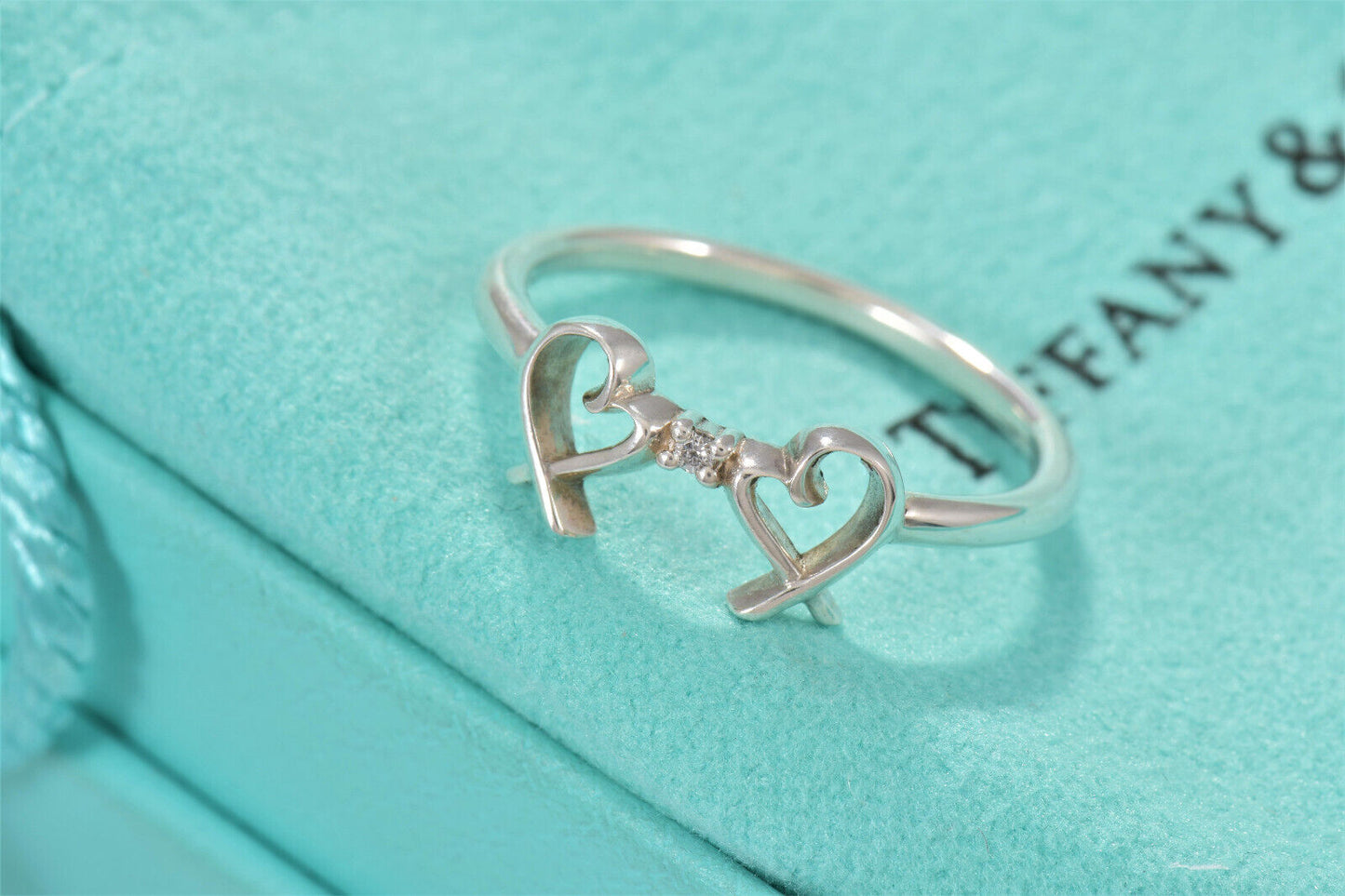 Tiffany & Co Silver Diamond Paloma Picasso Double Loving Heart Ring Size 8 Rare