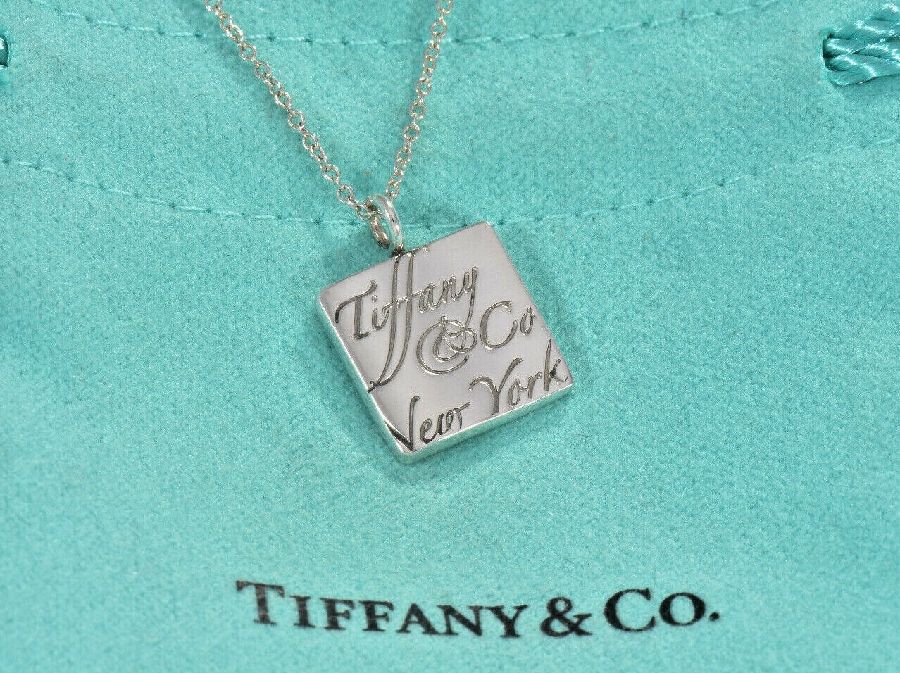 Tiffany & Co Sterling Silver NY Notes Square Wavy Pendant Necklace in Pouch Rare