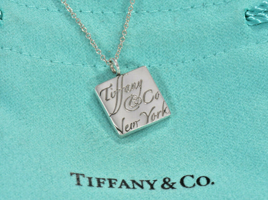 Tiffany & Co Sterling Silver NY Notes Square Wavy Pendant Necklace in Pouch Rare