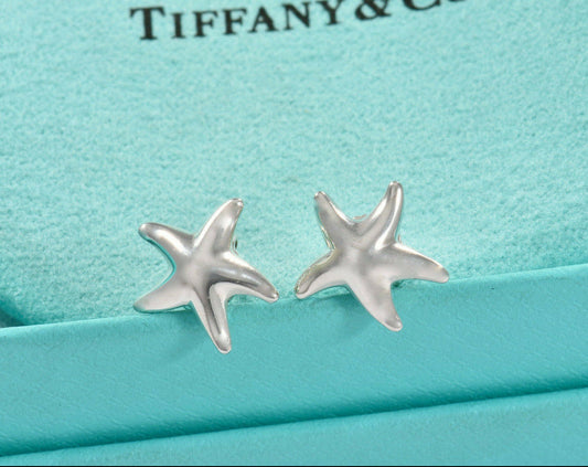 Tiffany & Co Silver Elsa Peretti 13mm Starfish Stud Earrings in Box Pouch Rare