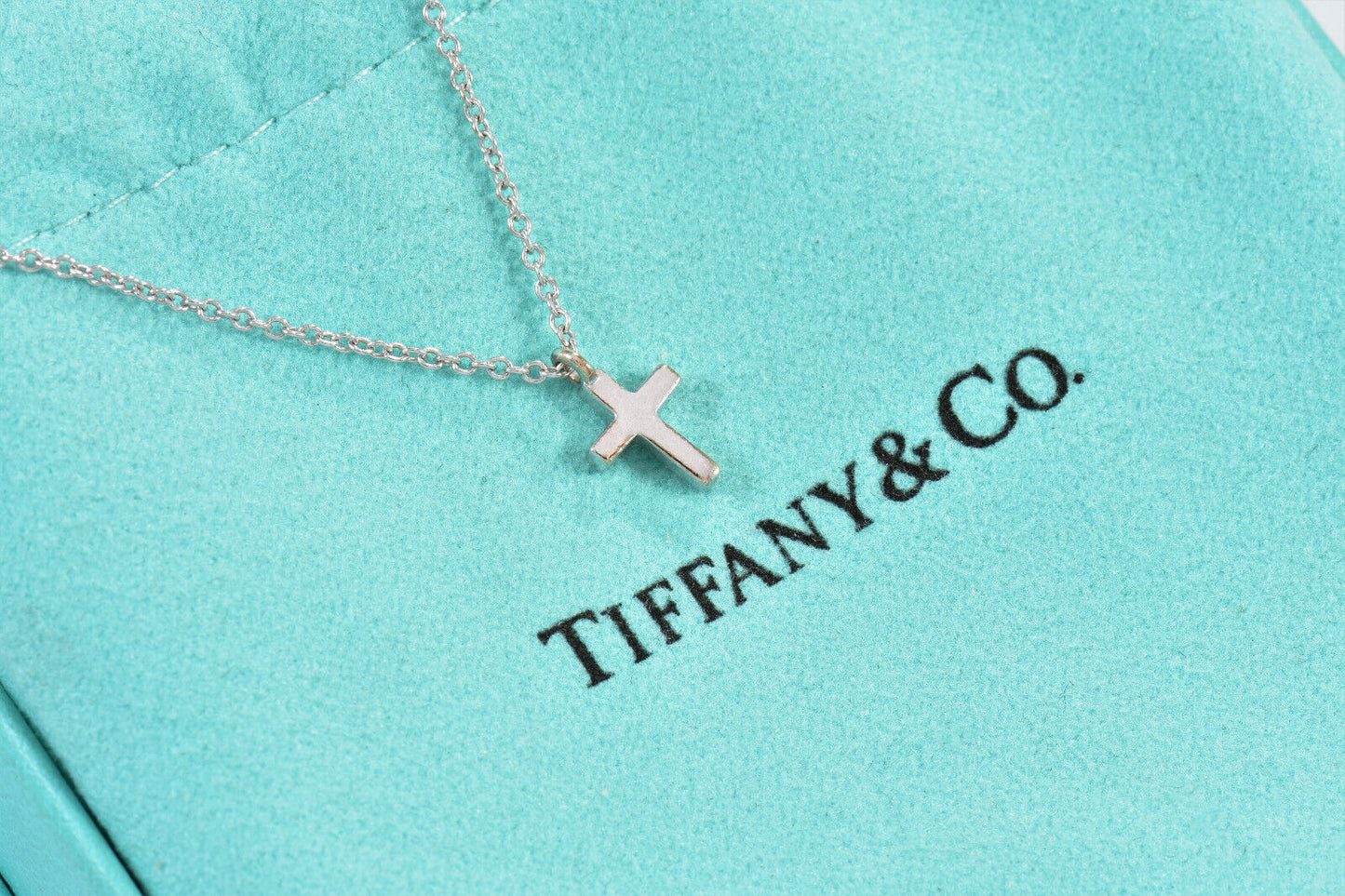 Tiffany & Co Diamond 18K White Gold Mini Metro Cross Pendant 17" Necklace Boxed