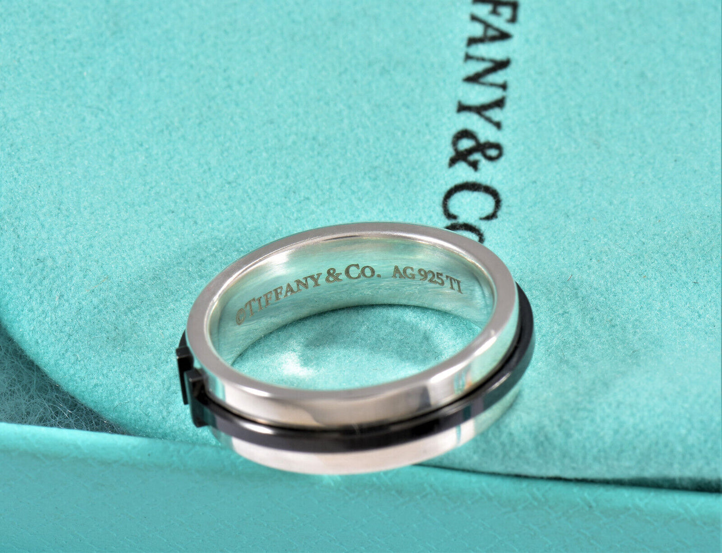 Tiffany & Co Silver Titanium T Square 6mm Wide Band Ring Size 6.5 in Pouch Rare