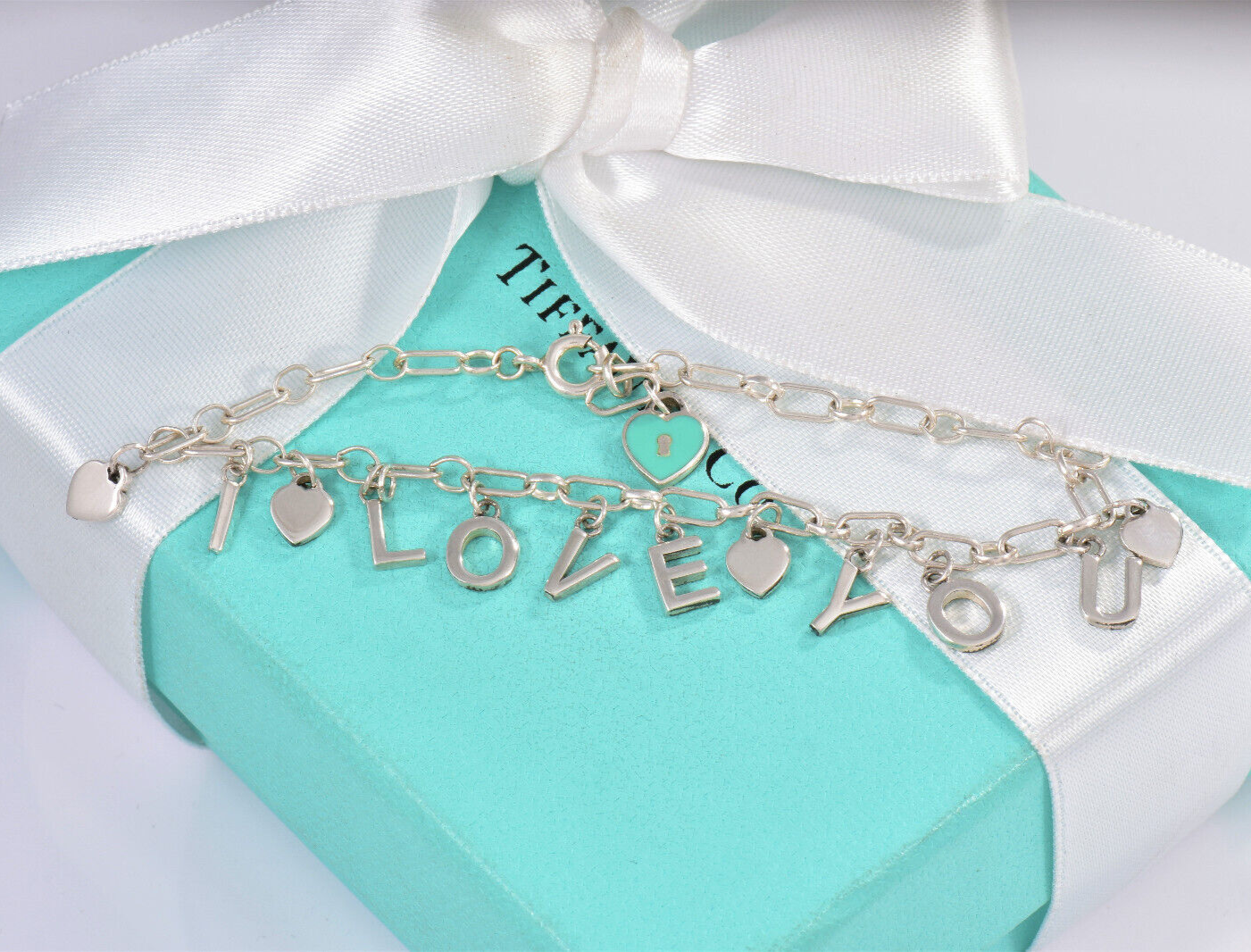 Tiffany & Co Silver Blue Enamel Heart I Love You Notes 7" Charm Bracelet in Box