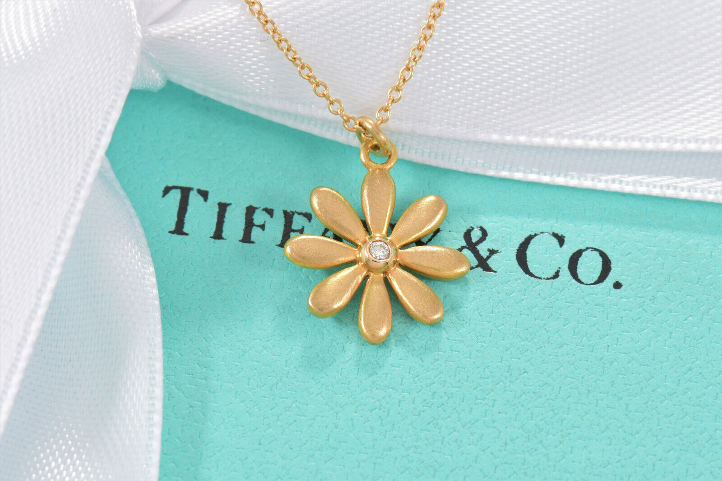 Tiffany & Co Diamond 18K Yellow Gold Daisy Flower Pendant 16.25" Necklace in Box