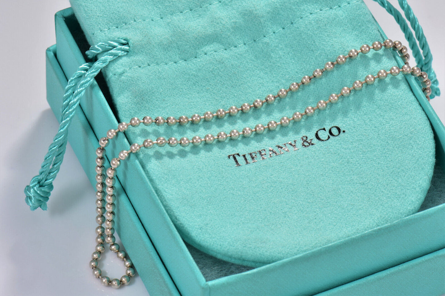 Tiffany & Co Sterling Silver 3mm Bead Chain 18.25" Necklace For Pendant In Pouch