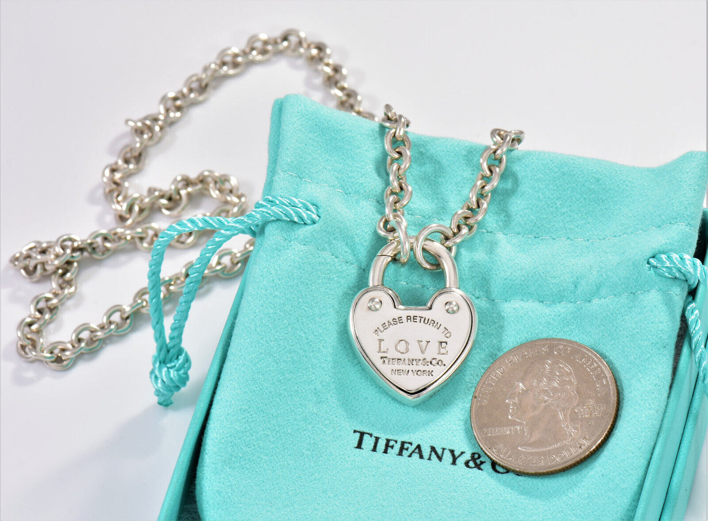 Please Return Tiffany & Co Silver Love Lock Heart Charm 18" Necklace in Pouch