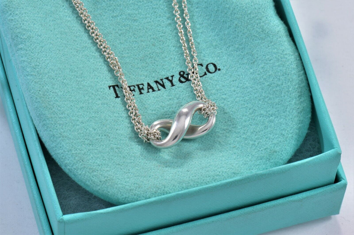 Tiffany & Co Sterling Silver Infinity Double Chain Necklace 16" in Pouch Classic