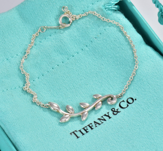 Tiffany & Co Silver Paloma Picasso Olive Leaf Vine 7" Chain Bracelet & Box Pouch