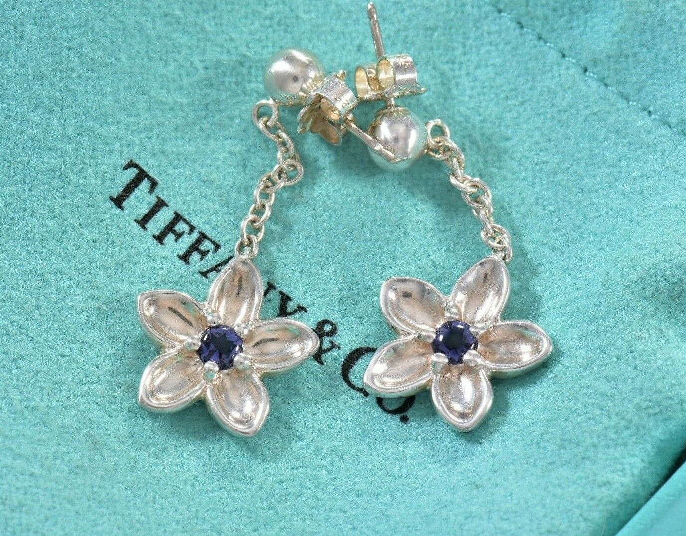 Tiffany & Co Silver Purple Iolite Gem Flower Dangle Earrings & Pouch Rare Lovely