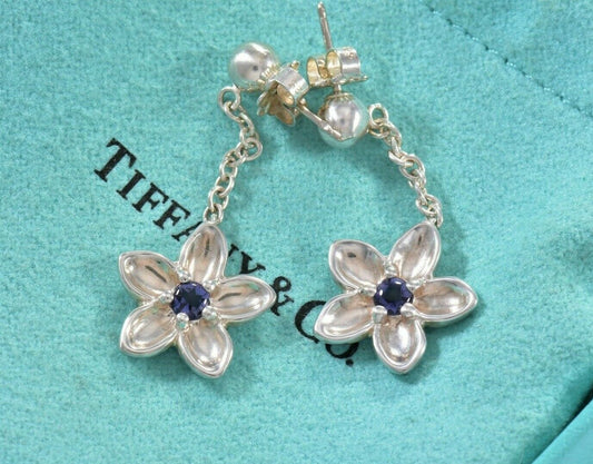 Tiffany & Co Silver Purple Iolite Gem Flower Dangle Earrings & Pouch Rare Lovely