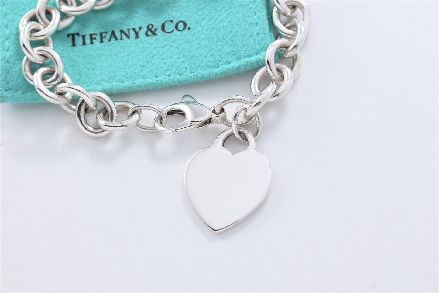 Tiffany & Co Silver Blank Engraveable Heart Tag Charm Bracelet 8" Chain Link