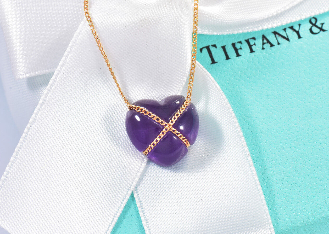 Tiffany & Co 18K Gold Amethyst Heart Pendant 18" Fringe Chain Necklace Box Pouch