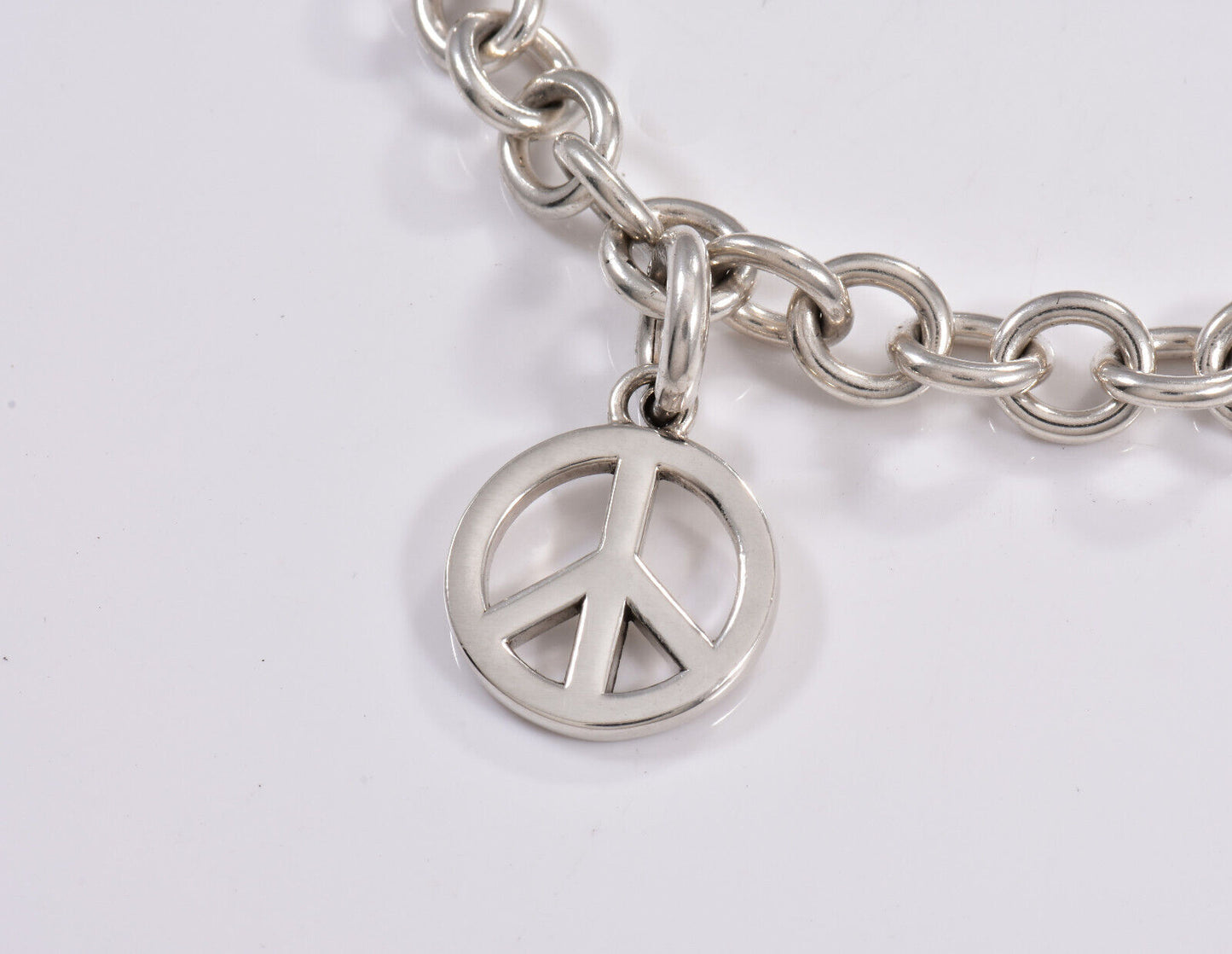 Tiffany & Co Silver Peace Sign Charm Toggle Link 8" Chain Bracelet in Pouch Rare