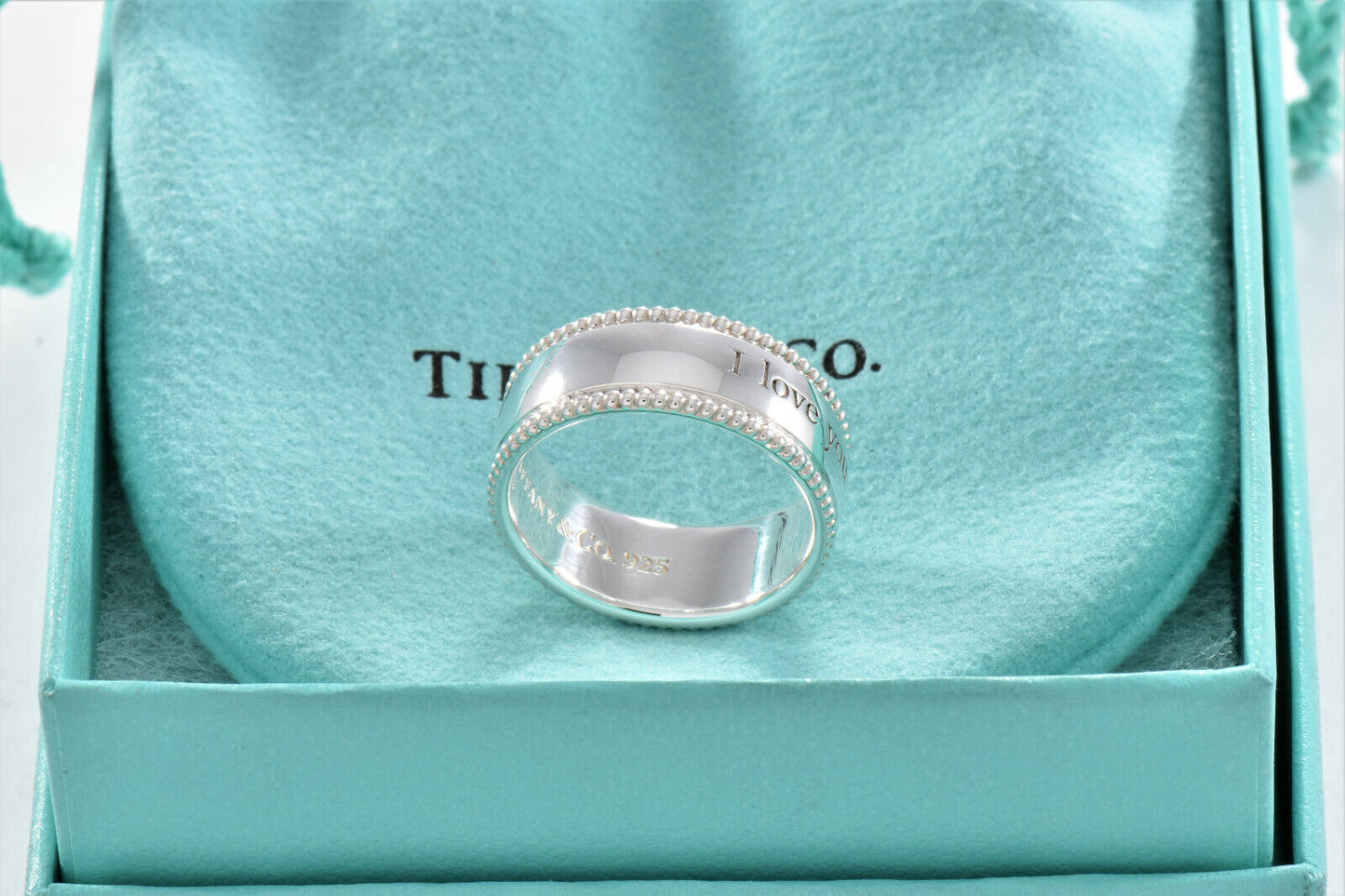 Tiffany & Co Sterling Silver I Love You Bead Edge Ring Size 4.5 & Pouch Yours