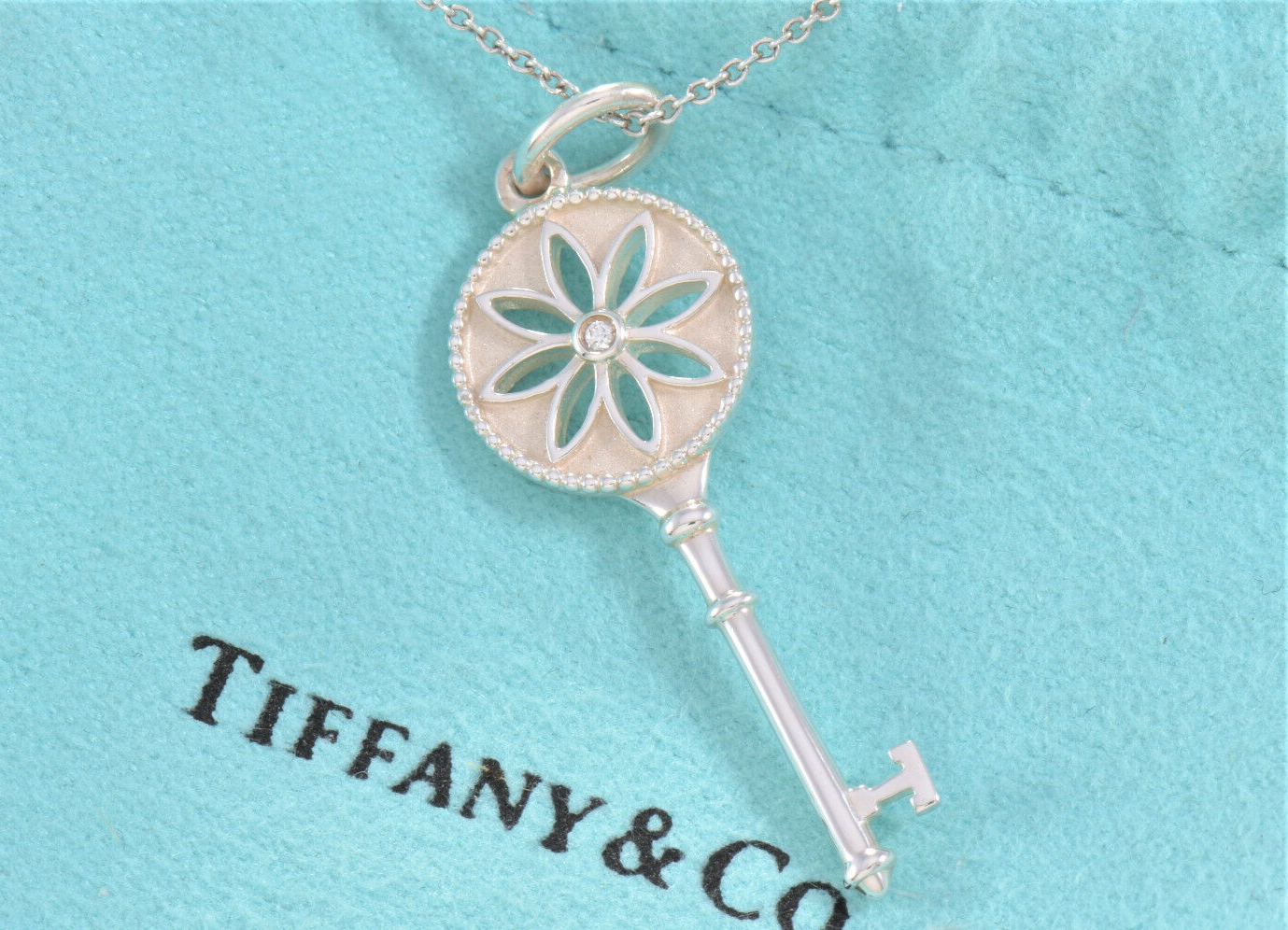 Tiffany & Co Silver Diamond Daisy Flower 1.5" Key Pendant 18" Necklace in Box