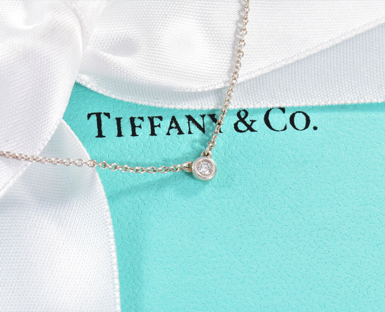 Tiffany & Co Silver Elsa Peretti Diamond By Yard 16" Necklace in Box Pouch .03ct