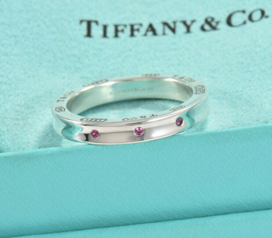 Tiffany & Co Silver 1837 Narrow 3 Pink Sapphire Band Stack Ring Size 5 in Pouch