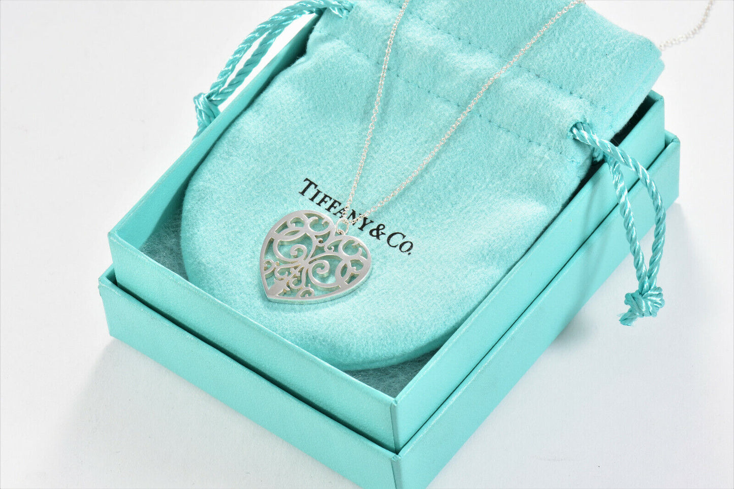 Tiffany & Co Silver Large Enchant Scroll Heart Pendant XL 20" Necklace & Pouch