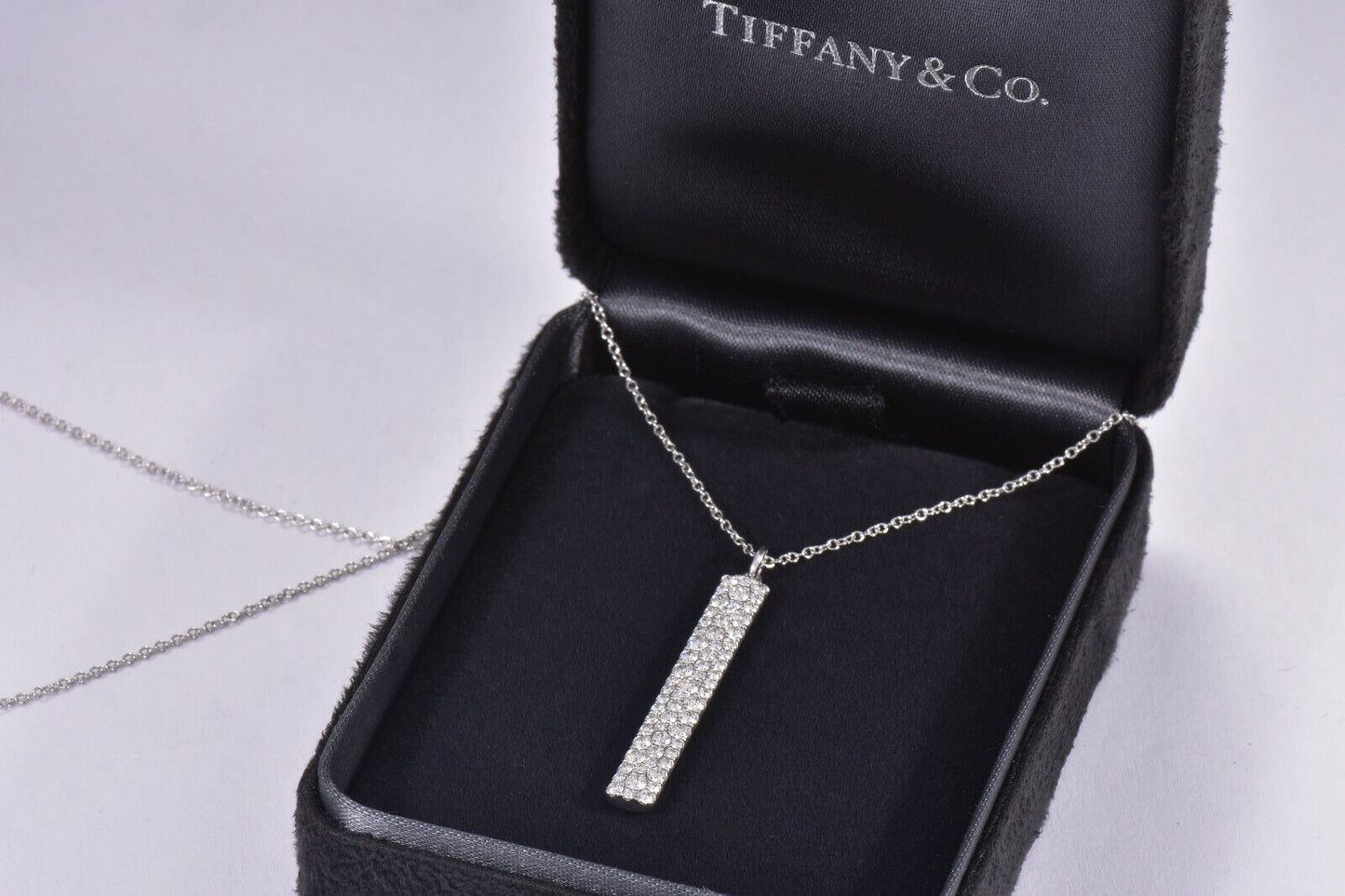 Tiffany & Co Diamond 18K White Gold Metro Narrow Bar Pendant Necklace Boxed