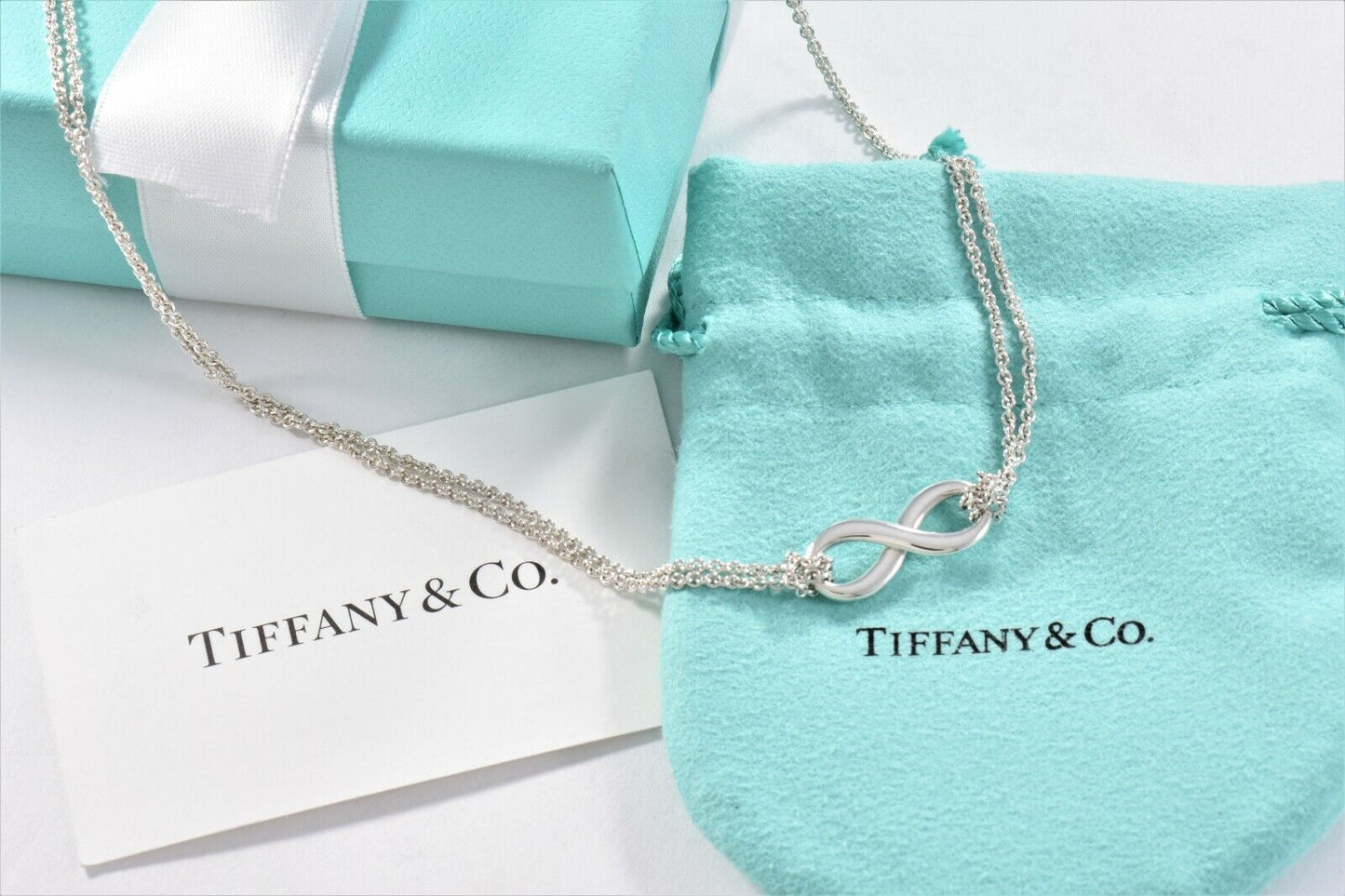 Tiffany & Co Silver Infinity Pendant 16" Double Chain Necklace in Box Pouch Card