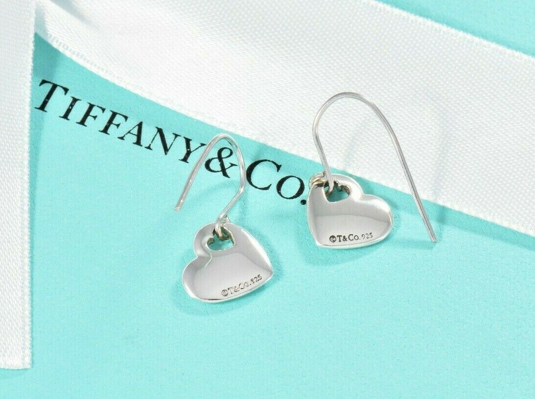 Tiffany & Co Silver Double Heart Stencil Dangle Earrings in Pouch Lovely Puff