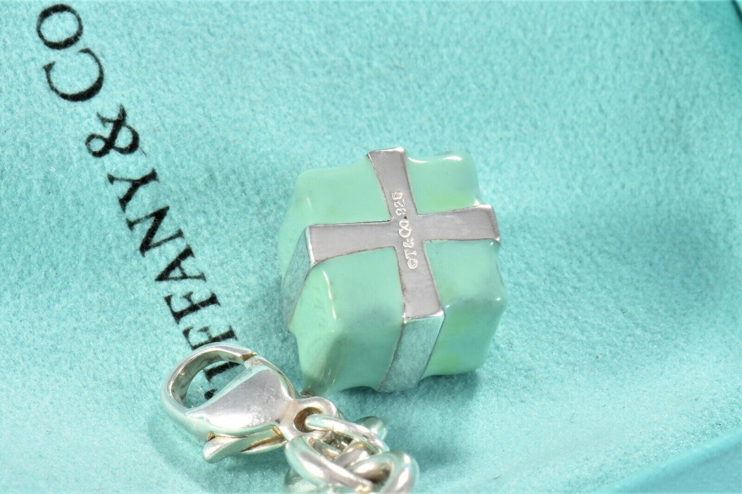 Tiffany & Co Sterling Silver Blue Enamel Gift Box Bracelet in Pouch Rare Present