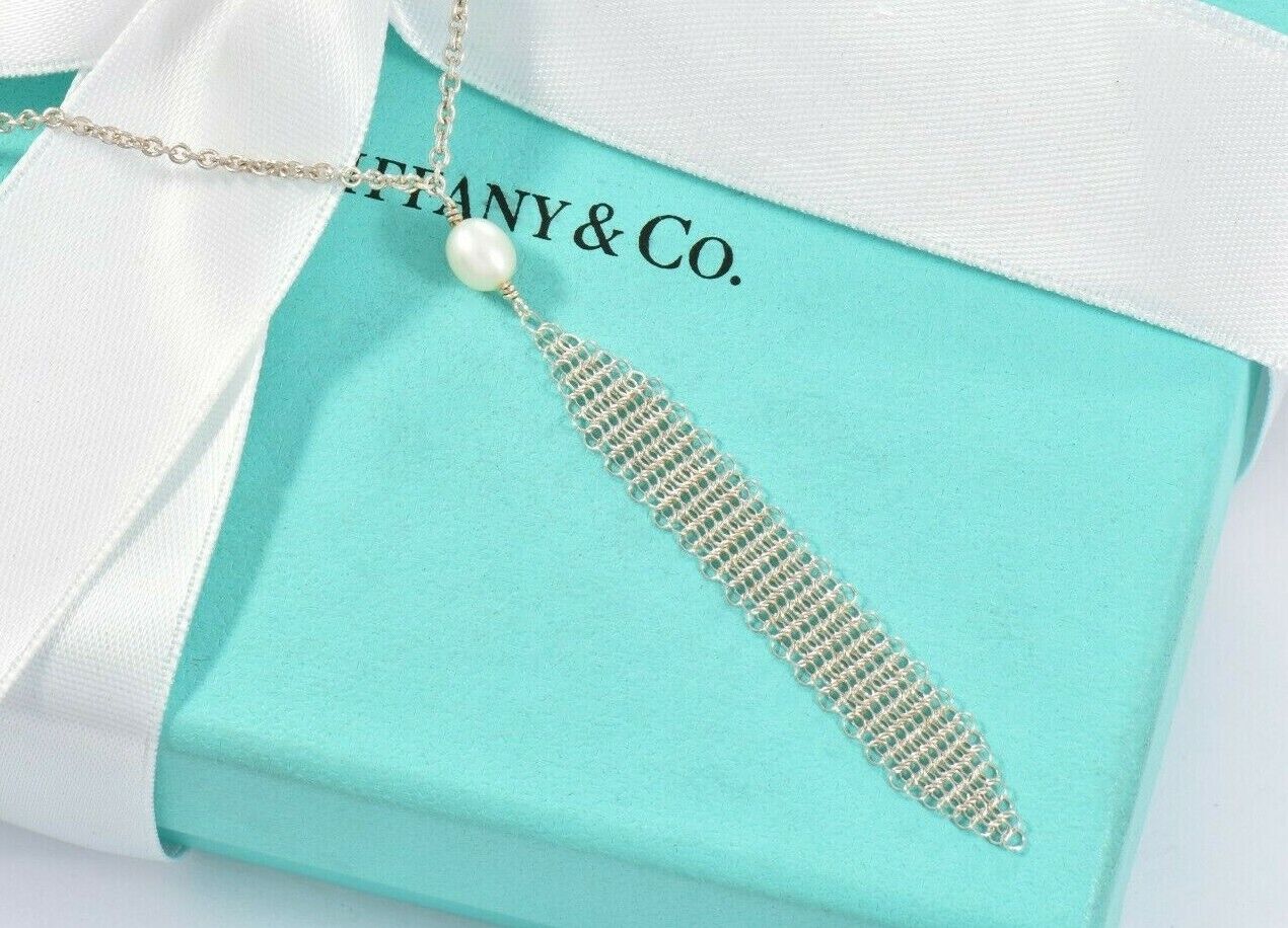 Tiffany & Co Silver Elsa Peretti Somerset Mesh Pearl Dangle Pendant Necklace Box