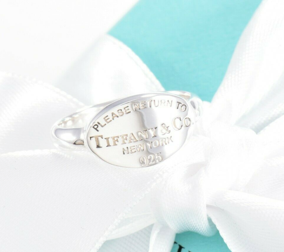 Kids Size 3.5 Please Return To Tiffany & Co Silver Oval Signet Band Ring & Pouch