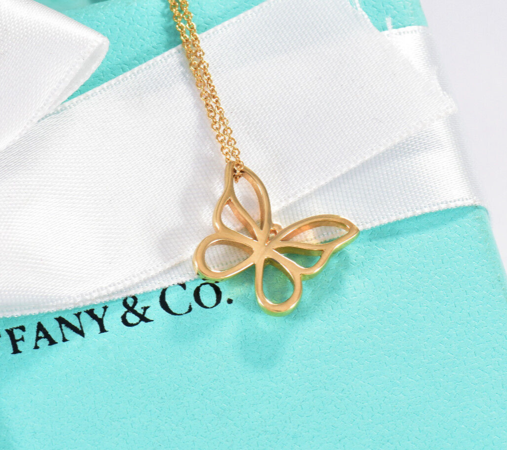 Tiffany & Co 18K Yellow Gold Butterfly Pendant 16.25" Necklace in Box Pouch Rare